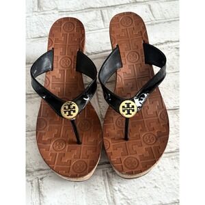 Tory Burch Black Patent Leather Thora Cork Platform Wedge Thong Sandal Sz 6.5